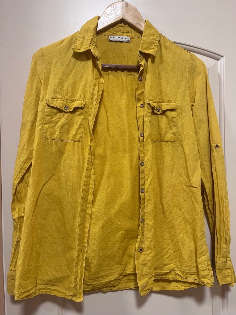 Women's Mustard Button-Down Shirt with Chest Pockets 100% linen